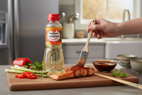 Kikkoman Mirin being used to make teriyaki glaze for grilled salmon in a modern kitchen