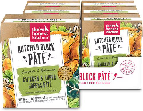 Multiple boxes of 'Butcher Block Pété' dog food from 'The Honest Kitchen' with chicken and super greens on packaging.