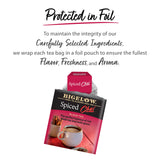 Bigelow Spiced Chai tea package with text about tea packaging integrity on a white background