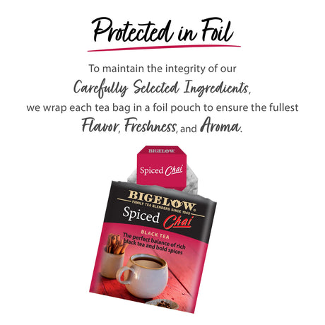 Bigelow Spiced Chai tea package with text about tea packaging integrity on a white background