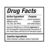 Drug facts label for Argentum Metallicum with active and inactive ingredients.