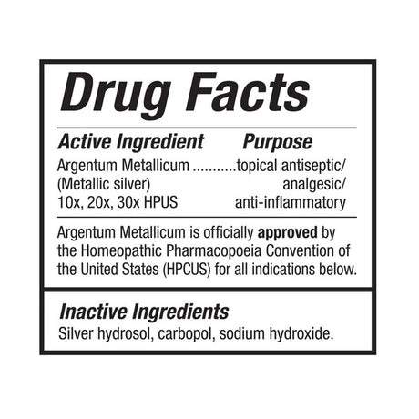 Drug facts label for Argentum Metallicum with active and inactive ingredients.