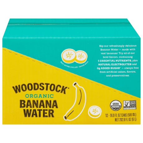 Box of Woodstock Organic Banana Water with teal and yellow design