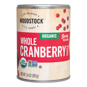 Can of Woodstock Organic Whole Cranberry Sauce on a white background