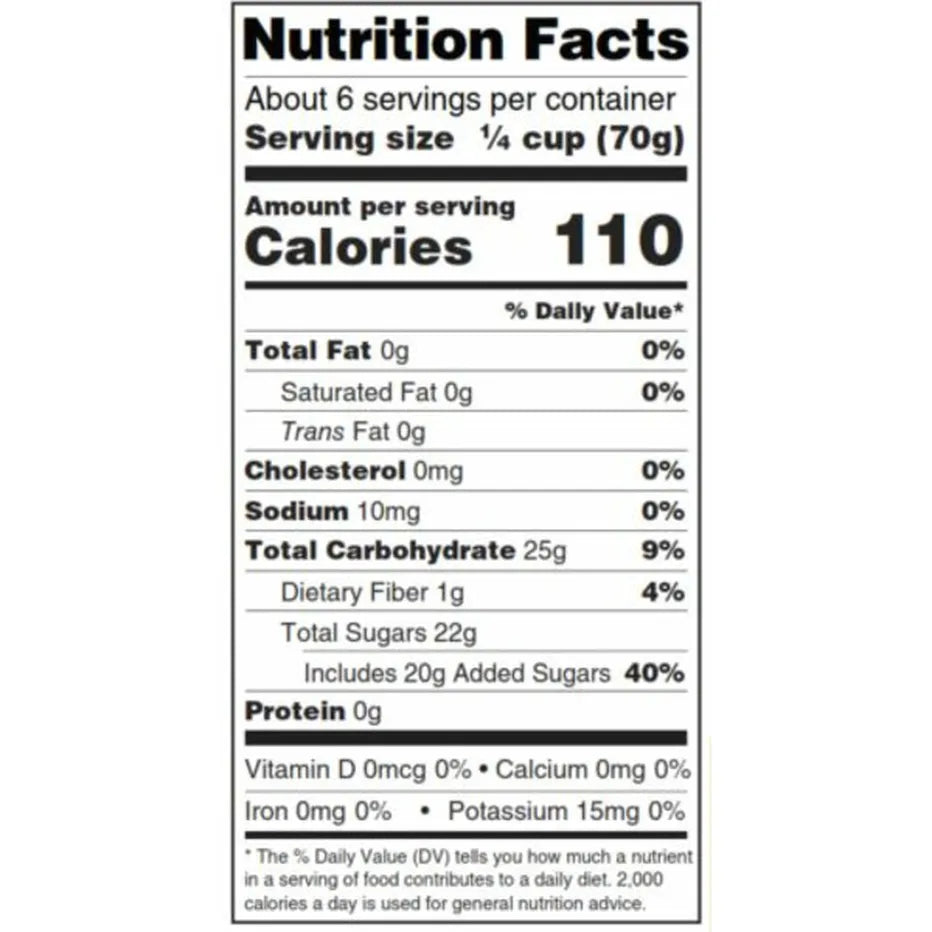 Nutrition facts label for a food product with serving size, calories, and nutritional content details.