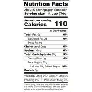 Nutrition facts label for a food product with serving size, calories, and nutritional content details.