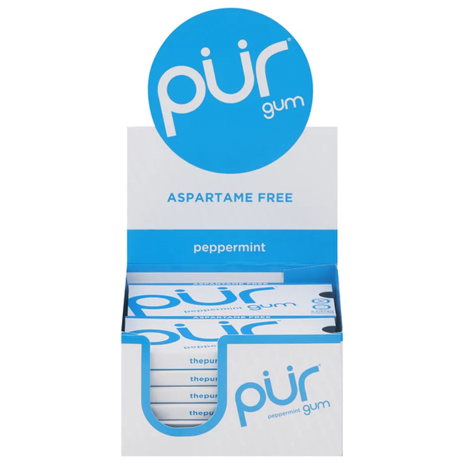 PUR Gum Peppermint | Aspartame-Free Chewing Gum | Case of 12 (9 Pieces, 12.6g Each)