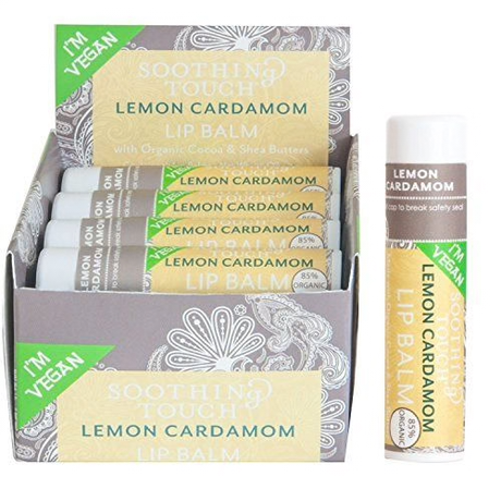 Lemon Cardamom lip balm packaging with a display box and single stick on a white background.