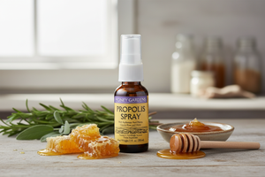Lifestyle image with Honey Gardens Propolis Spray and natural ingredients