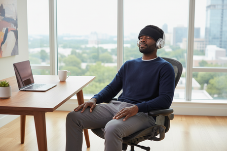 Man using headache relief wrap while taking work break