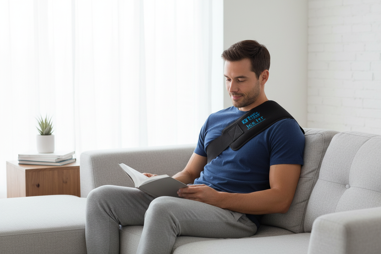 Man using Ice It cold therapy system on upper back