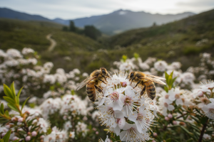 Manuka plants with prominent bees in New Zealand