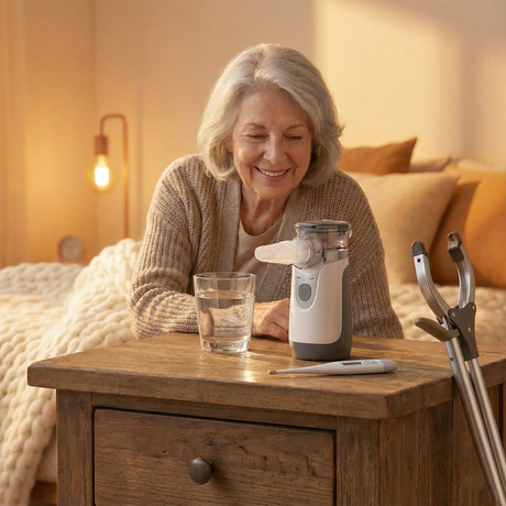 Woman using a handheld device on a wooden table with a glass of water and a phone.