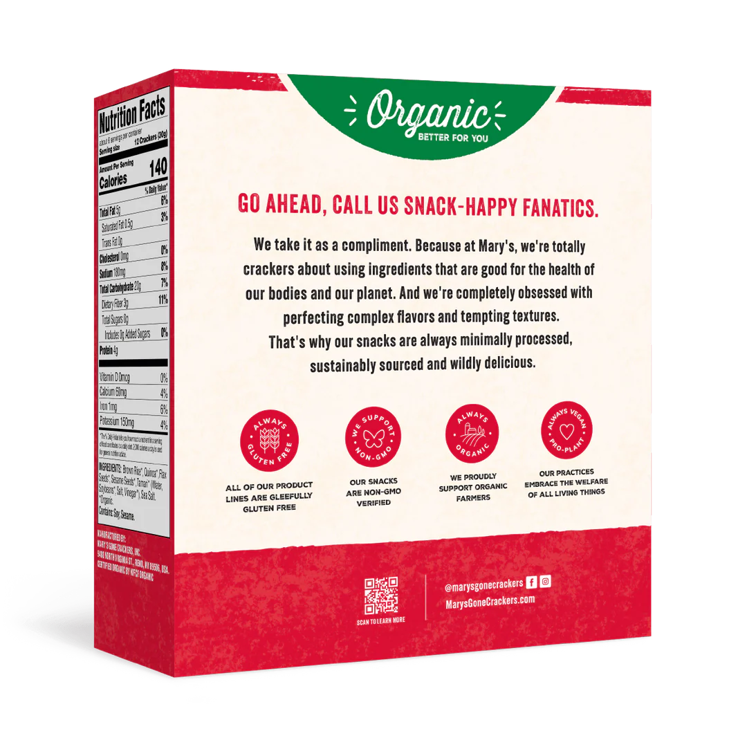 Back of a snack packaging box with text and branding elements.