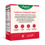 Back of a snack packaging box with text and branding elements.