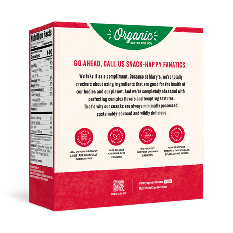 Back of a snack packaging box with text and branding elements.
