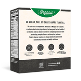 Back of a snack packaging with text and logos on a white background