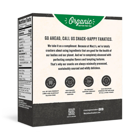 Back of a snack packaging with text and logos on a white background