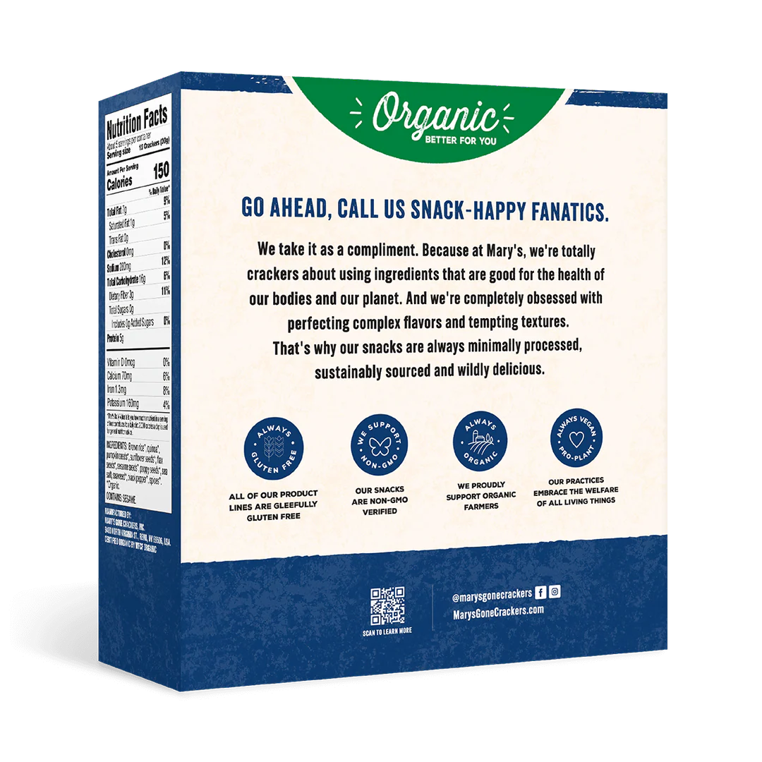 Back of a snack packaging box with text and logos on a white background