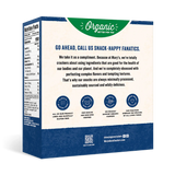 Back of a snack packaging box with text and logos on a white background