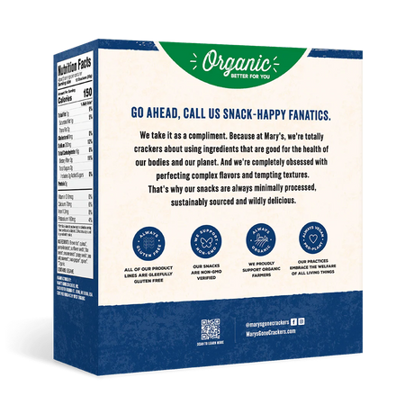 Back of a snack packaging box with text and logos on a white background