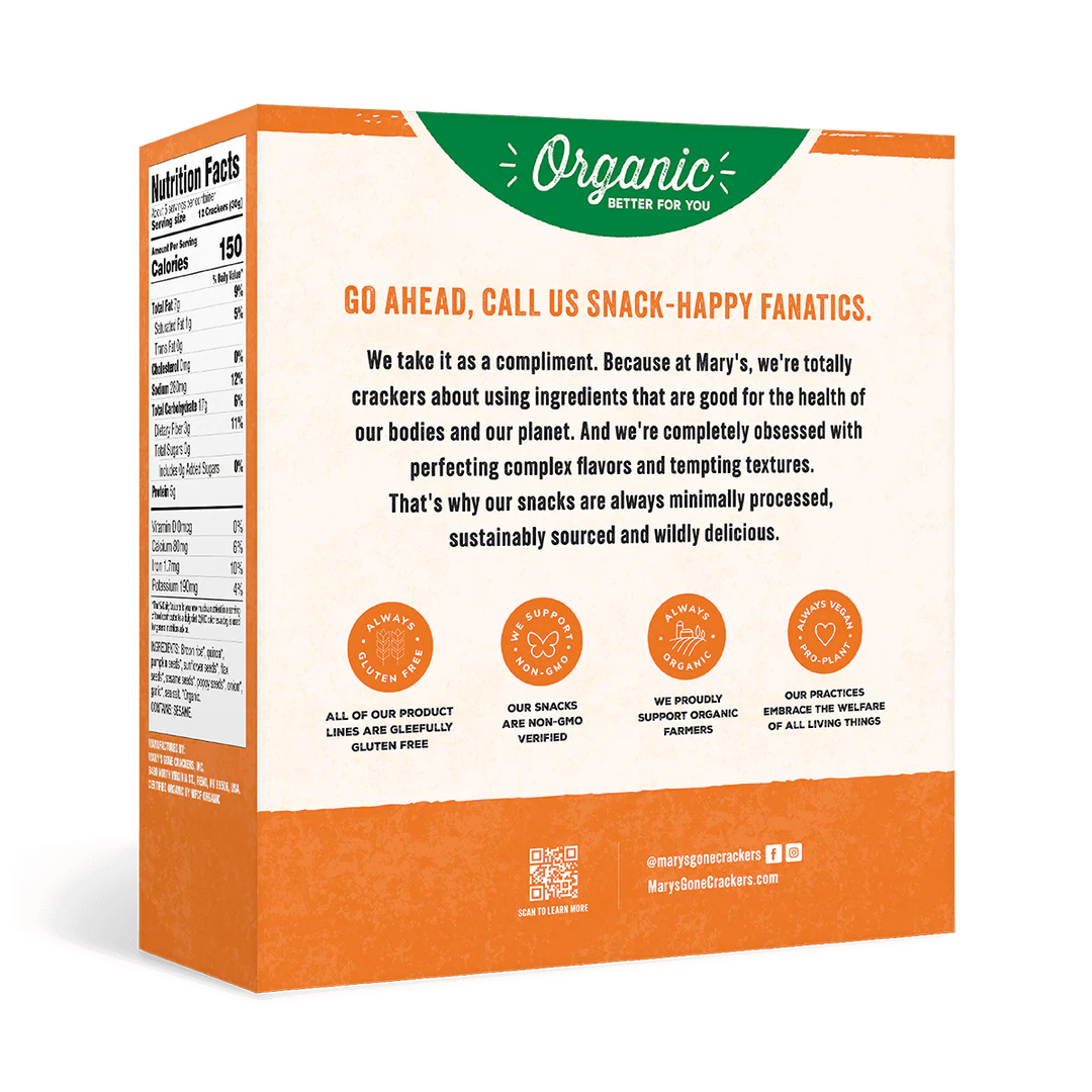 Snack packaging with brand information and ingredients on a white background