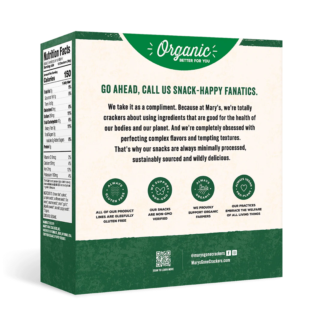 Back of an organic snack packaging with text and branding elements.