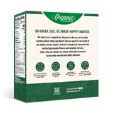 Back of an organic snack packaging with text and branding elements.