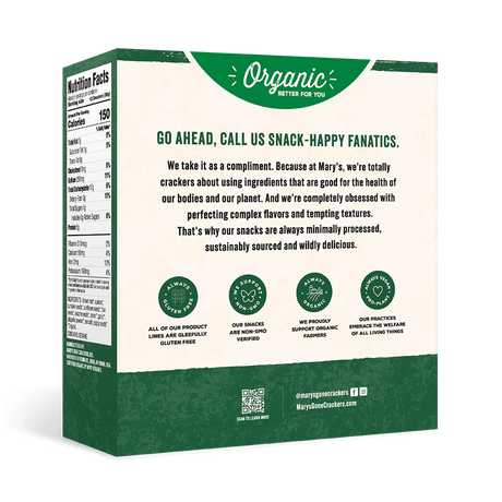 Back of an organic snack packaging with text and branding elements.