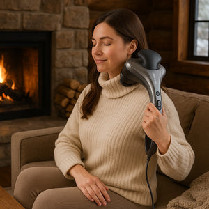 A woman uses an obusforme handheld massager on her neck while sitting on a cozy couch near a stone fireplace.