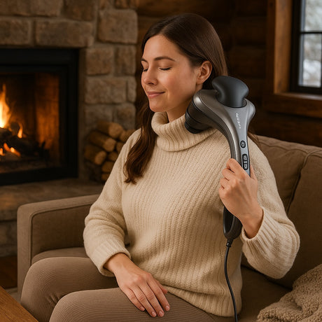 A woman uses an obusforme handheld massager on her neck while sitting on a cozy couch near a stone fireplace.