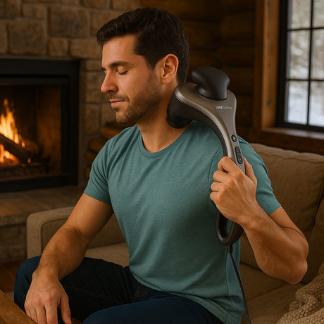 A man uses a handheld massager on her neck while sitting on a cozy couch near a stone fireplace.