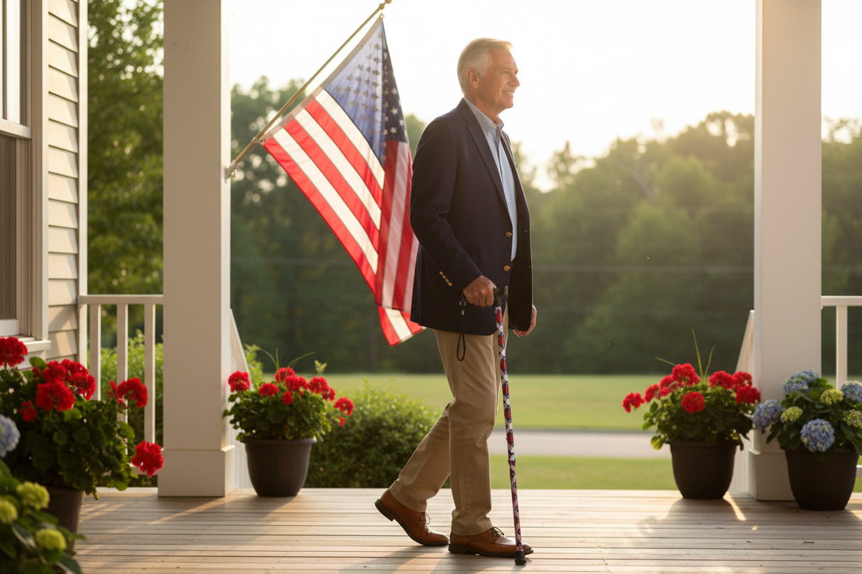Person using patriotic USA aluminum cane