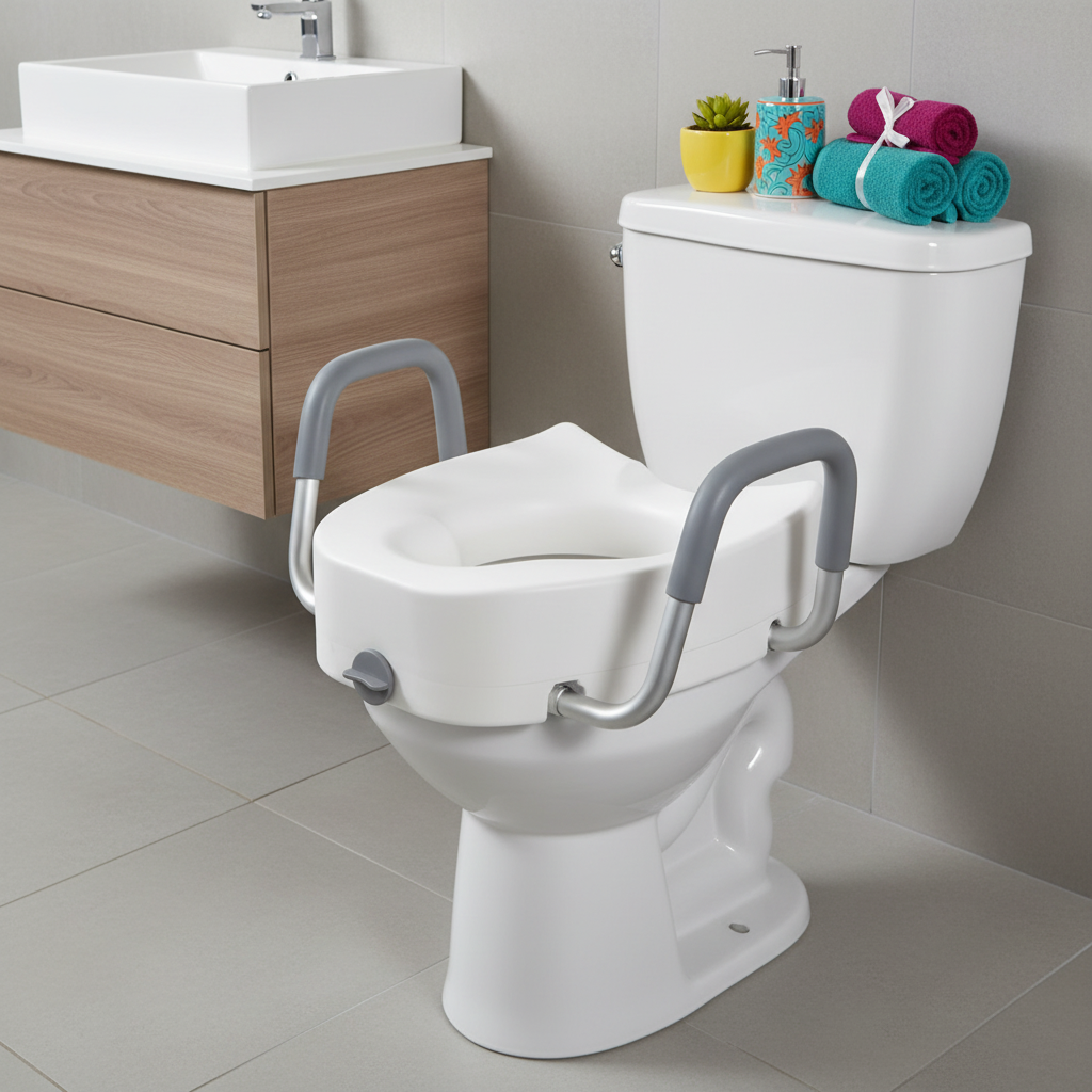 Raised Toilet Seat in Modern Bathroom with Accessories