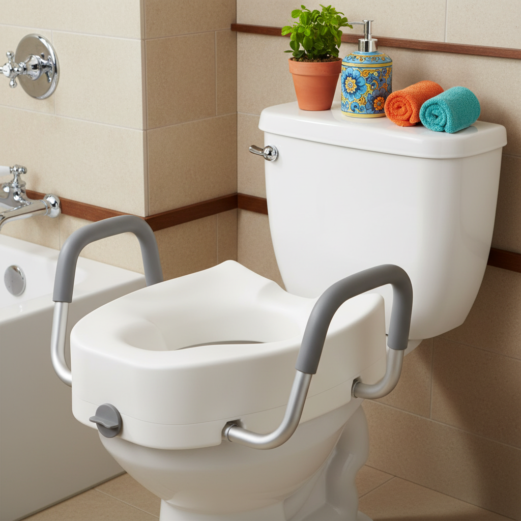 Raised Toilet Seat in Traditional Bathroom with Accessories