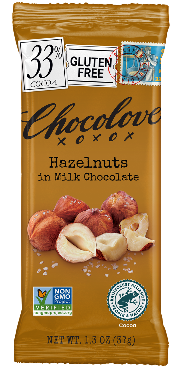 Chocolove - Mini Hazelnut Milk Chocolate Bars, 1.3 oz (Pack of 12) - Gluten-Free Kosher Treat