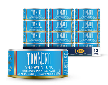 Tonnino Yellowfin Tuna cans and packaging on a white background