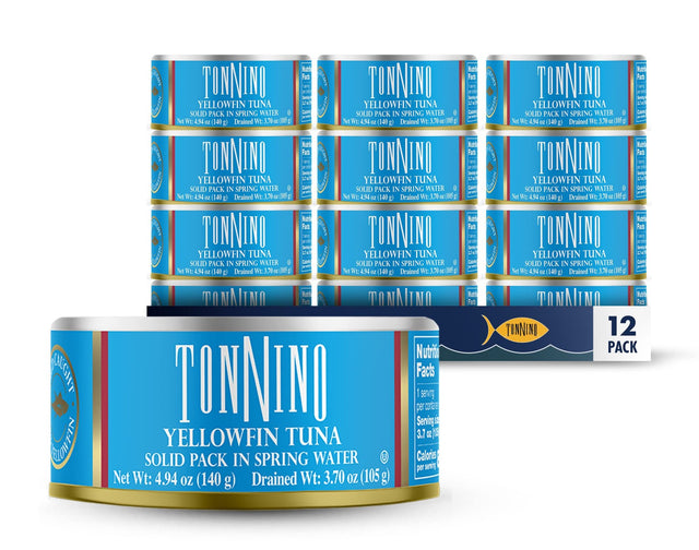 Tonnino Yellowfin Tuna cans and packaging on a white background