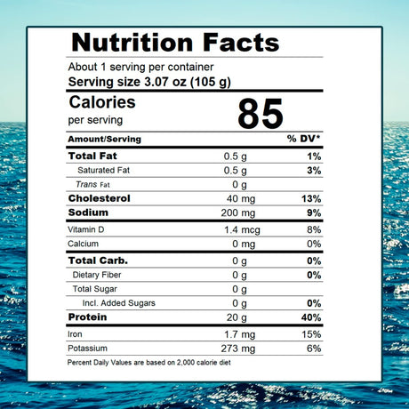 Nutrition facts label with a blue ocean background