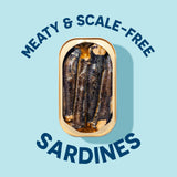Can of  sardines on a light blue background with text 'Meaty & Scale-Free Sardines'.