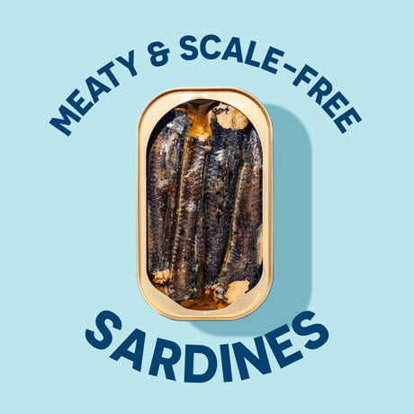 Can of  sardines on a light blue background with text 'Meaty & Scale-Free Sardines'.