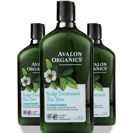 Three bottles of Avalon Organics Scalp Treatment Tea Tree Conditioner on a white background