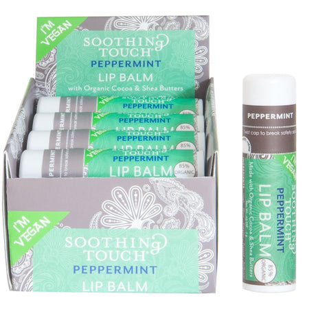 Display of Soothing Touch Peppermint Lip Balm with packaging on a white background