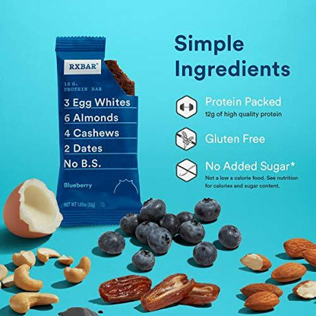 RXBAR protein bar with blue background, nuts, and berries