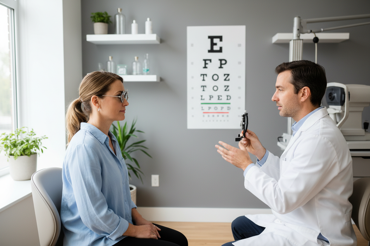 Side view of patient looking and chart