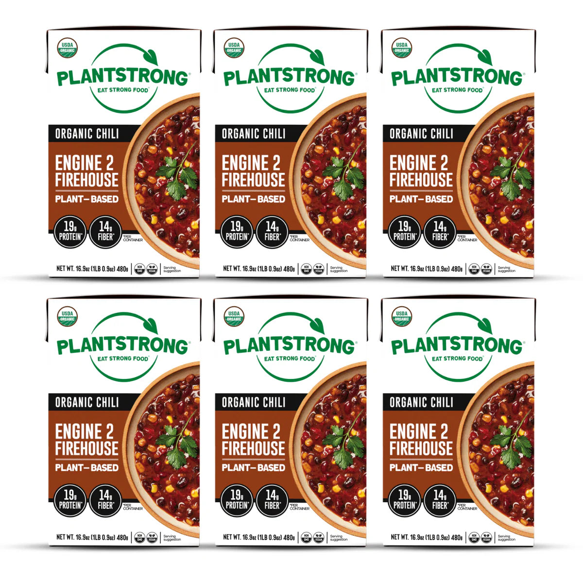 six boxes of PlantStrong Organic Chili with Engine 2 Firehouse label on a white background