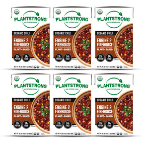 six boxes of PlantStrong Organic Chili with Engine 2 Firehouse label on a white background