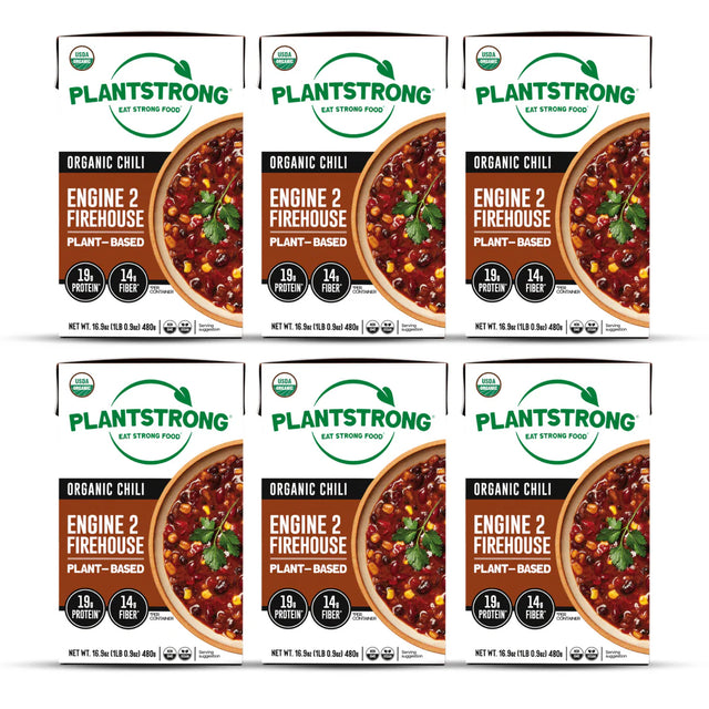 six boxes of PlantStrong Organic Chili with Engine 2 Firehouse label on a white background