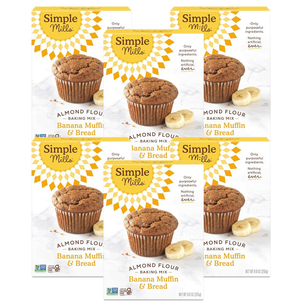 six boxes of Simple Mills Banana Muffin & Bread baking mix on a white background