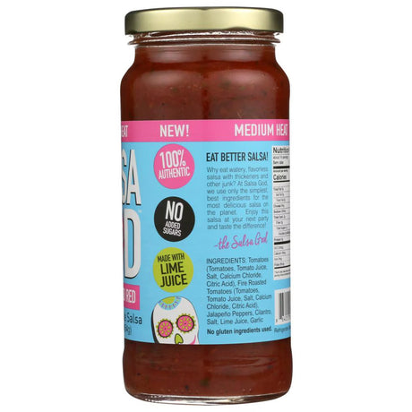 Jar of salsa  god with a colorful label on a white background